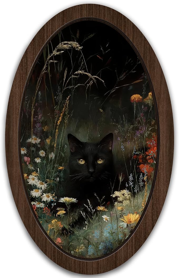 UYIKG Vintage Black Cat Floral Oval Wall Art,Rustic Farmhouse Cottagecore Oval Wall Decor,Farmhouse Country Wooden Framed Decor for Home Bedroom Living Room Reading Room 9x14.6 in