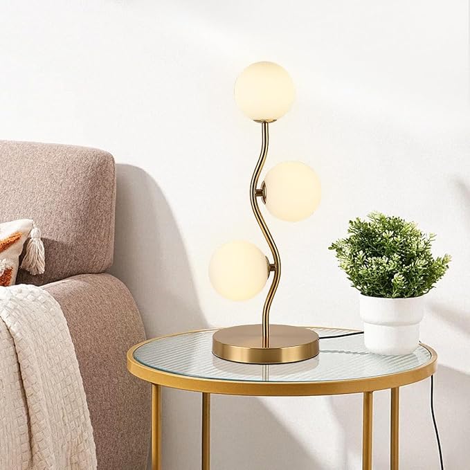 Mid Century Gold Globe Table Lamp 3-Light Flower Curve Beside Desk Table Light with Milk White Glass Shade Metal Base Nightstand Lamp for Bedroom Bedside