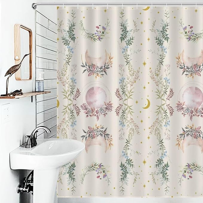 Moon Phase Flowers Shower Curtain Moonlit Herb Wildflower Witchy Celestial Flower Botanical Waterproof Shower Curtains for Bathroom Decor 12 Pack Hooks 66x72in（168x183cm）