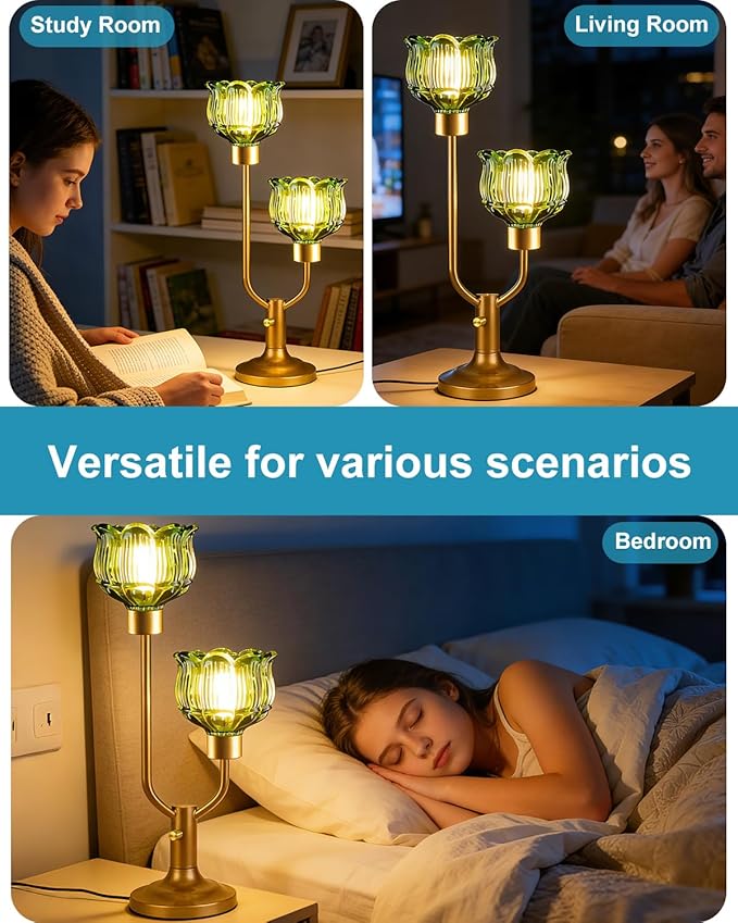 Lightdot Vintage Green Glass Table Lamp for Bedroom Dimmable Mid Century Modern Desk Lamp Gold Flower Nightstand Lamp 2 Bulbs Included Warmwhite Ambient Bedside Lamps for Living Room Home Office Decor
