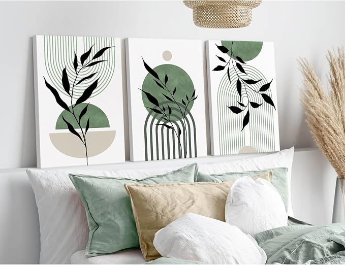 Mid Century Modern Wall Art Set of 3 Sage Green Canvas Wall Art Boho Prints Green Wall Decor Black Beige Abstract Wall Art Picture Mid Century Painting for Home Bedroom 12x16 Inch Wrapped Canvas