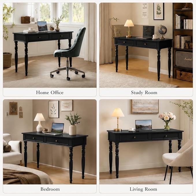 Walnut Writing Desks with Drawers, 47" Solid Wood French Country Style Computer Desk for Home Office, Living Room Study Workspace or Bedroom, Traditional Vanity Dressing Table