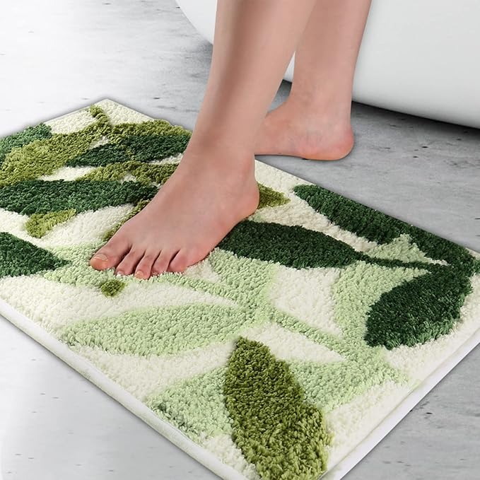 Hi Space Bathroom Rugs 24x16IN Blue Leaves Bath Mat for Bathroom Non Slip Machine Washable Soft Microfiber Absorbent Cute Bath Rug Plush for Tub Shower Sink Fluffy Home Decor Accessories