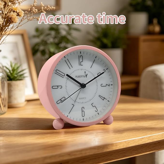 FLOITTUY Super Silent Metal Alarm Clock,Beep Wake Round Alarm Clock with Night Light,Battery Operated,Easy Set,Simple & Retro for Desk, Bedroom and Home Decoration(Pink)