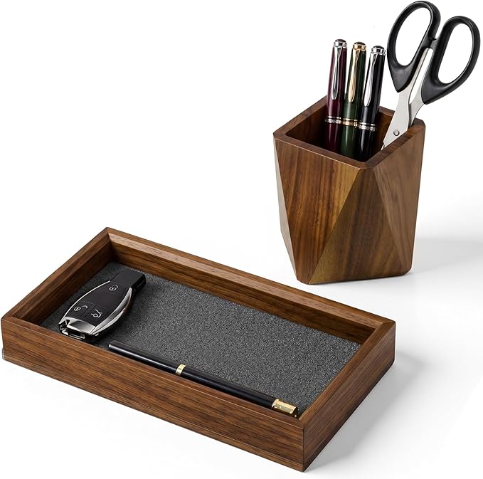 Marspark Walnut Desk Tray with Pen Holder Set, Non-Slip Desk Tray and Pencil Holder Set with Felt Lined, Natural Wooden Desktop Drawer Organizer Office, Organizer Trays for Keys, Pen, Watch
