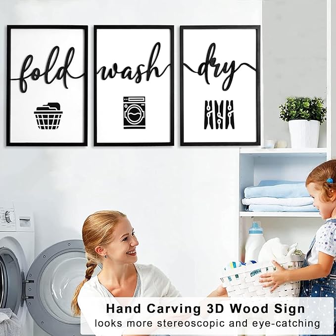 3D Wood Laundry Room Wall Decor, 48" x 24" Framed Laundry Room Wall Art, 3D Signs for Room Decor (Ready to Hang, Set of 3, Framed)