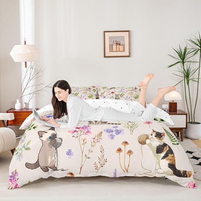 Erosebridal Cute Cat Bedding Set King Kitten Cat Lovers Duvet Cover Cream Boho Watercolor Floral Comforter Cover for Kids Girls Boys Adults Funny Pet Animal Bed Set