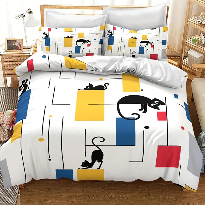 Mid Century Bedding Set,Retro Black Cat 1950s 1960s Abstract Atomic Colorful Geometric Pattern Modern Comforter Set with Pillowcase for Bedroom Bed Decor,King 102"x90"