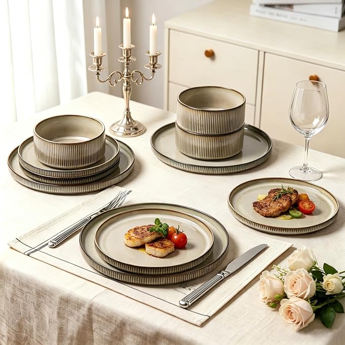 MONITO Ceramic Dinnerware Sets for 4, 12PCS Stoneware Plates and Bowls Sets, Reactive Glaze Dish Set, Chip and Scratch Resistant Double, Microwave and Dishwasher Safe, Brown