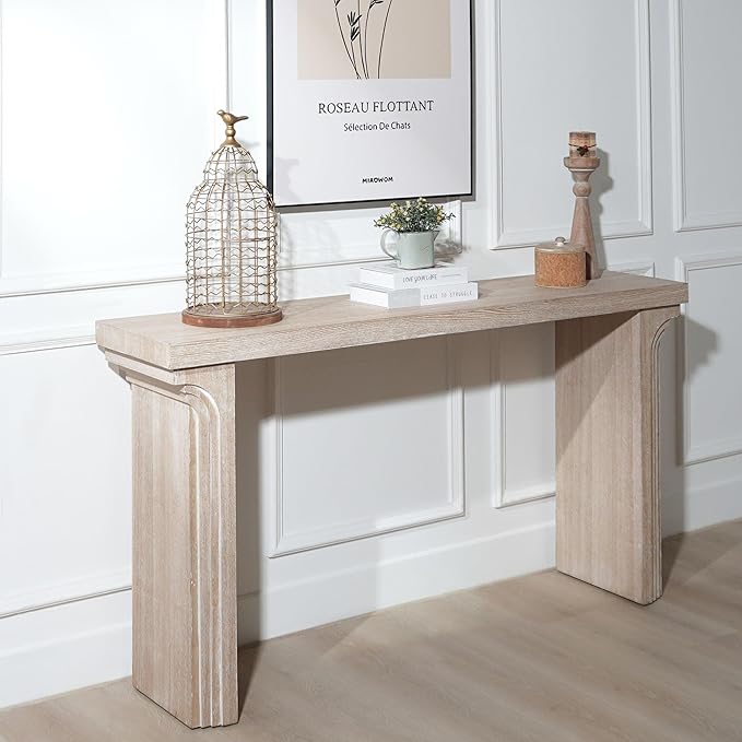 Wood Console Table, 58" Modern Minimalist Long Sofa Table Behind Couch with Uniquely Curved Legs and Engineered Wood Finish for Hallway Entryway Living Room Entrance, Natural