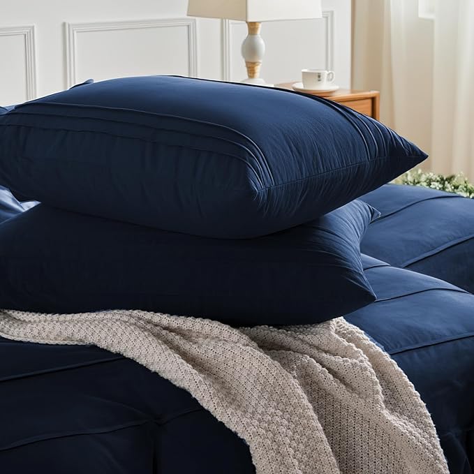 NEXHOME PRO 100% Organic Cotton Duvet Cover Queen Size, Linen Like Pleated Textured Navy Duvet Cover Set, 3pc Bedding Set with Zipper Closure, Soft, Lightweight and Breathable,90"x90", No Comforter