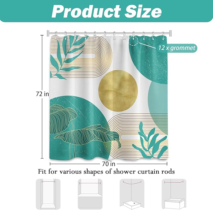 Teal Blue and Gold Shower Curtain Turquoise Aqua and White Shower Curtains for Bathroom Decor Boho Mid Century Bath Curtain Set, Waterproof Fabric with Hooks 70 x 72 Inch
