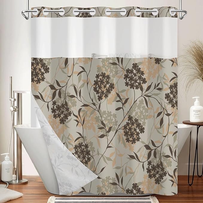 No Hook Shower Curtain with Snap in Liner Set - Neutral Botanical Floral Pattern Shower Curtains for Modern Farmhouse Bathroom, Waterproof Bath Tub Curtain with Mesh Top, 71Wx74H