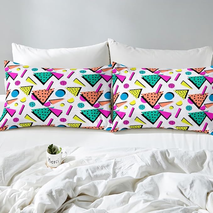 Geometric Duvet Cover 80s and 90s Hip Hop Bedding Set,Hipster Funky Comforter Cover Eighties Fashion Style Queen Bed Set,Round Triangle Square Diamond Shapes Artwork 1990S Memphis Home Decor