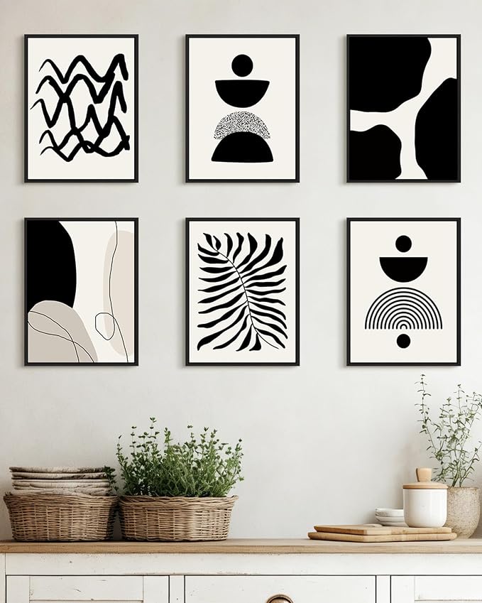 Drsoum Abstract Boho Wall Art Minimalist Geometric Framed Boho Room Decor Black Line Art Mid Century Modern Prints Bohemian Living Room Bedroom Ready to Hang 8x10inx6pcs (Black Framed)