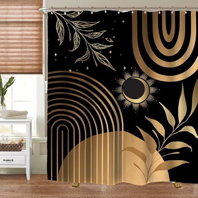 Miyotaa Black Abstract Modern Shower Curtain Set 60Wx71H Inches Minimalist Geometric Plant Leaves Metallic Gold (No Glitter) Polyester Waterproof Cloth Bathroom Curtain with 12 Hooks