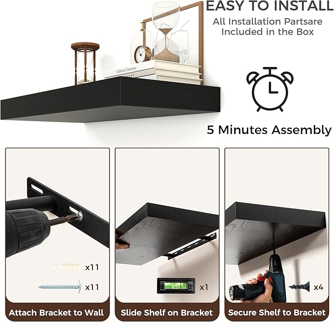 Floating Shelves for Wall, 48 Inch Wide x 12 Inch Deep Floating Shelves, Long Wood Floating Wall Shelf Shelves for Living Room Bathroom Bedroom Kitchen Home - (Black, 48" W x 12" D x 2" H)