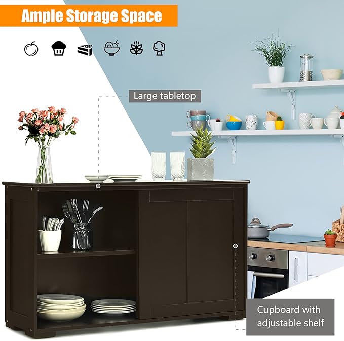 Buffet Cabinet Sideboard, Wood Storage Credenza Cupboard with Adjustable Shelf & 2 Sliding Doors, Stackable Coffee Bar Cabinet Console Table for Dining Room, Living Room, Kitchen (1, Black)