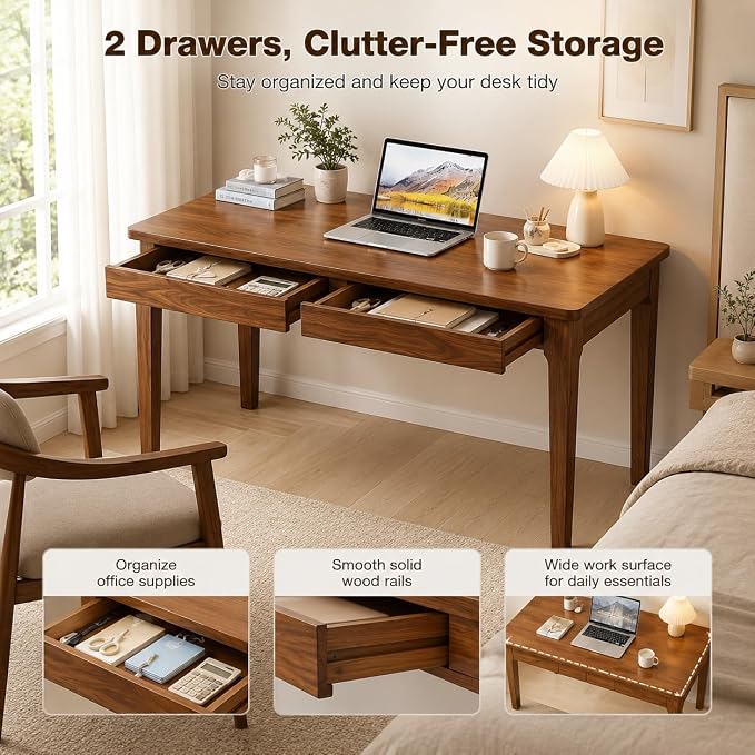 Mid Century Modern Desk with Drawers,47.2 inch Solid Wood Writing Desk for Home Office Bedroom,Small Computer Desk for Spaces Easy Assembly Walnut