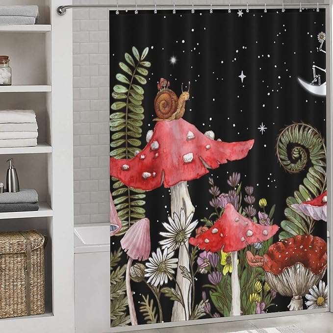 Mushroom Shower Curtain, Wild Floral Botanical Mushroom Moon Gothic Cottagecore Nature Plants Herbs Black Vintage Rustic Waterproof Fabric Bathroom Shower Curtain Set with Hooks, 72"x78" Inch