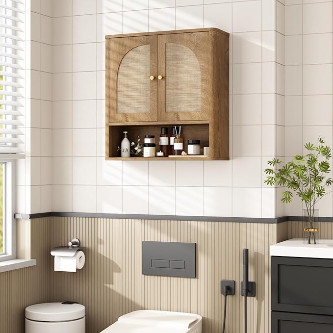 RUSTOWN Rattan Bathroom Wall Cabinet, Over The Toilet Storage Cabinets with 2 Arched Doors, Modern Medicine Cabinet with Adjustable Shelf & Rounded Edges, Mid-Century Bathroom Organization