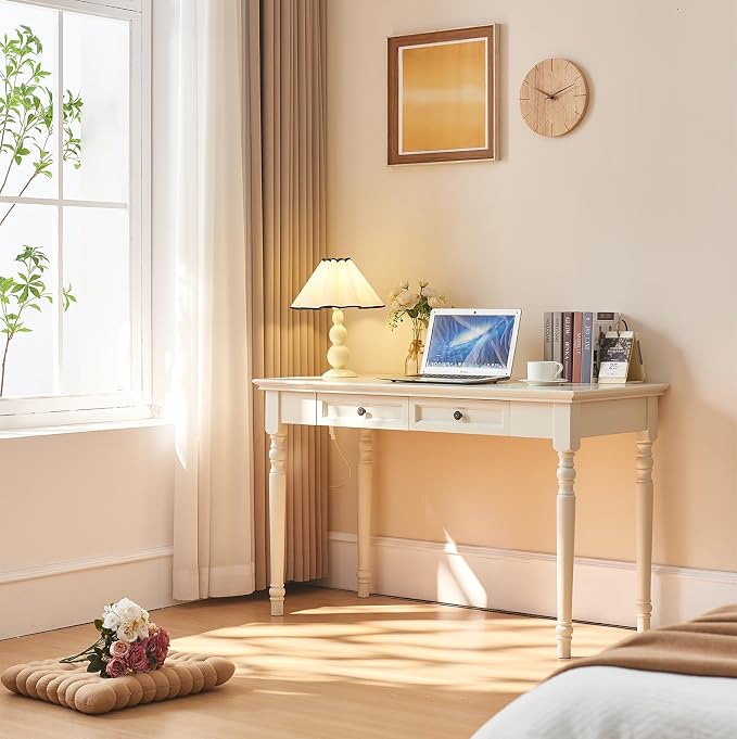 ADORZ Writing Desk with Drawers, 47 Inch French Country Desk Solid Wood Writing Desk for Home Office, Study Workspace or Bedroom (White, 47 inches)