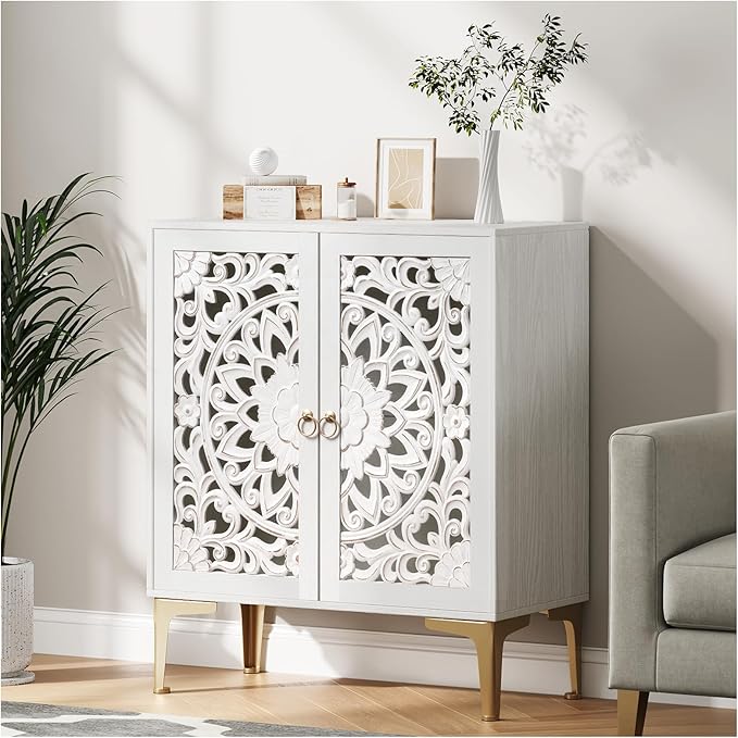 31.5" Accent Cabinet with Mandala Carved Doors, White Boho Sideboard for Storage, Coffee Bar Cabinet & Entryway Table with Gold Legs, Decorative Buffet Cabinet for Dining Room, Living Room