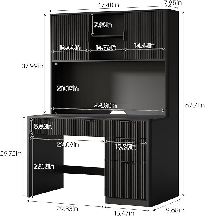 Vabches 67" H Executive Desk with Fluted Drawers,4 Drawers Fluted Computer Desk,Wood Workstation with Hutch and Barn Doors for Work and Study,Pure Black