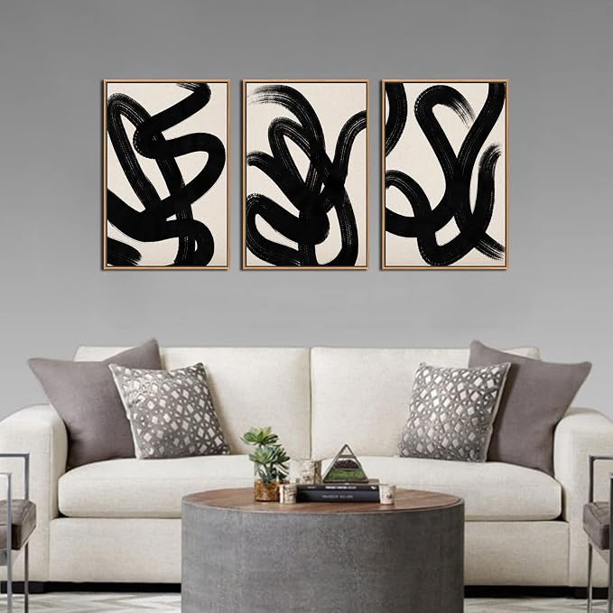 arteWOODS Framed Wall Art Canvas Abstract Lines Pictures Modern Mid Century Boho Wall Decor Minimalist Abstract Black Stroke Lines Painting Artwork Living Room Bedroom Home Office Natural 16"x24"x3pc