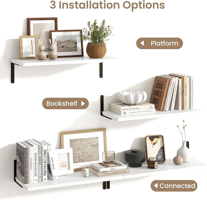 Fun Memories Deep Floating Shelves, 24W x 8D Floating Shelves Set of 2, Wall Mounted Shelf with Metal Brackets, Rustic Wood Wall Shelf for Bathroom, Kitchen and Living Room, White