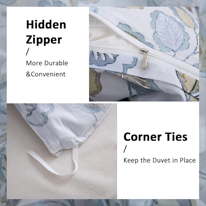 Blue Floral Duvet Cover Queen Size 100% Cotton Botanical Coquette Comforter Cover 3 Pieces Soft & Breathable French Style Duvet Cover with Zipper Closure