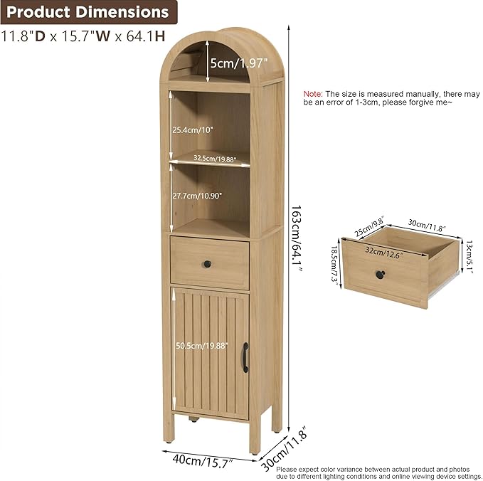 64" Tall Bathroom Storage Cabinet with Adjustable Shelves,Tall Narrow Arched Freestanding Tower Cabinet with Fluted Doors and Drawers,Space Saving Organizer for Bathroom Living Room (Oak)