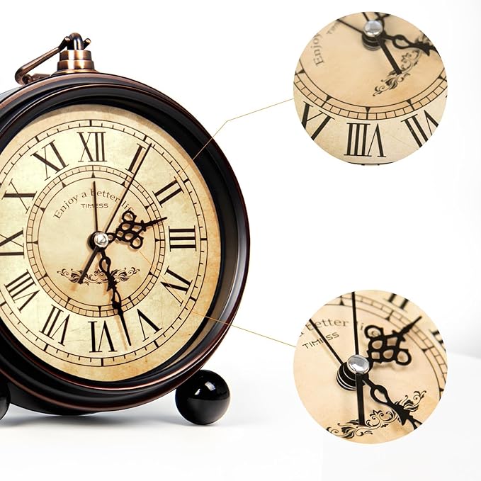 Vintage Analog Alarm Clock, 4.3" Silent Non-Ticking Quartz Desk Clock with Roman Numerals, Battery Operated Table Clock for Bedroom, Living Room, Office, or Gift (White)