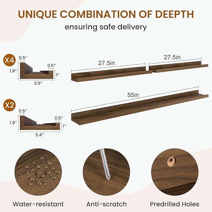 Axeman Picture Ledge Shelf, Floating Shelves for Wall Decor Storage Set of 6, 55 inch Floating Wall Mounted Shelves, Shelves with Lip for Living Room, Bedroom, Nursery, Bathroom, Kitchen, Walnut