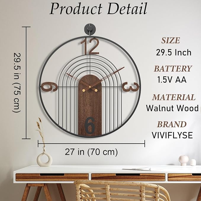 Modern Large Walnut Dial Wall Clock, Wood Metal Frame Silent Non Ticking Wall Clocks Decoration for Living Room, Bedroom, Kitchen, Study, Handmade Home Decor Present Idea, 29.5 Inch