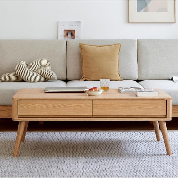 Lift-Top Coffee Table with Storage, Solid Oak Wood Mid-Century Modern Lift Coffee Table, 47 Inch Rectangular Coffee Table for Living Room, Dining, Work, and Games