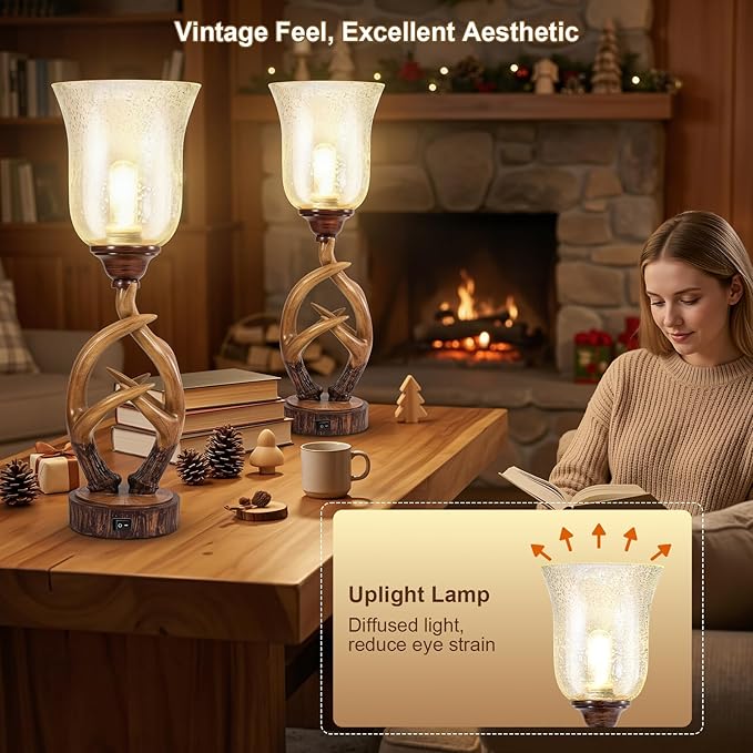 Scenekoy Antler Table Uplight Lamp Set of 2 for Living Room Bedroom, 20.5” Resin Memory Function Bedside Lamps with Glass Shade, Rustic Nightstand Lamp with USB Ports for Home Decor (Bulb Included)