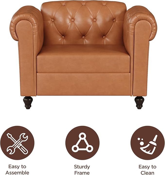 Brown Faux Leather Accent Chairs, Button-Tufted Upholstered Club Chair Retro Armchairs, Mid Century Modern Accent Chair with Solid Wood Legs, Cozy Chesterfield Couch Chairs for Living Room, Bedroom
