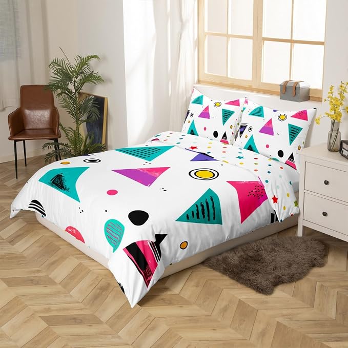 80s 90s Bedding Set Memphis Pattern Old Fashioned Comforter Cover King,Geometric Abstract Colorful Dots Funky Duvet Cover Retro Bed Set,Multicolor Cute Vintage Rainbow 80'S Style 1980S Home Decor