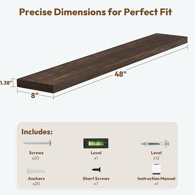 Vivelove Elm Wood Floating Shelves, Wooden Shelves for Wall with Invisible Bracket for Living Room Bedroom Bathroom Office Book, Rustic Farmhouse Display Shelf, 48 Inch Set of 1- Dark Walnut