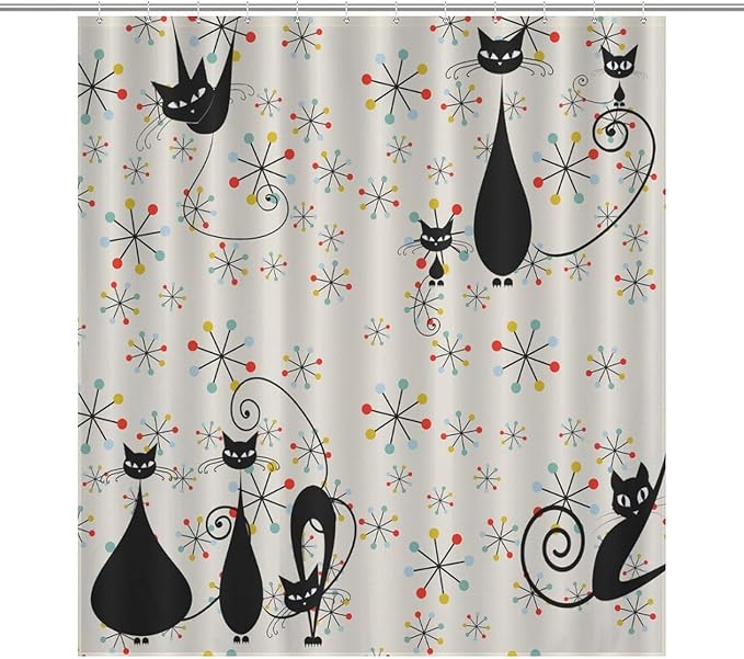 Mid Century Black Cat Shower Curtain,Atomic Cat Modern Abstract Geometric Iconic Pattern 1950s Vintage Funny Decor Fabric Bathroom Curtain with Hooks 66x72in（168x183cm）