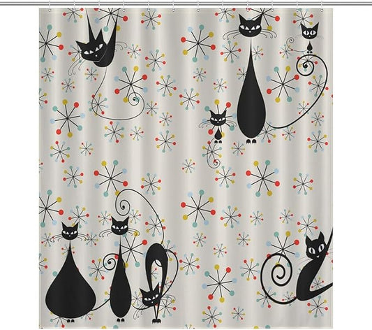Mid Century Black Cat Shower Curtain,Atomic Cat Modern Abstract Geometric Iconic Pattern 1950s Vintage Funny Decor Fabric Bathroom Curtain with Hooks 66x72in（168x183cm）