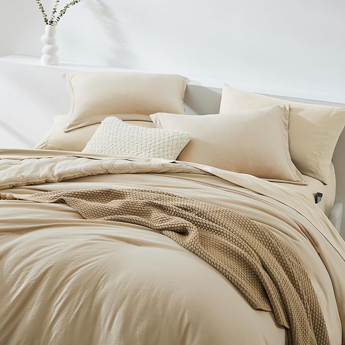 WRENSONGE Twin XL Comforter Set- 5 Pieces Beige, All Season Twin XL Bedding Sets with 1 Fitted Sheet, 1 Flat Sheet, 1 Pillow Sham and 1 Pillowcase