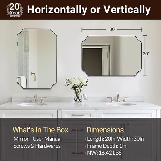 ANDY STAR Chrome Bathroom Mirror, 20x30 Inch Polished Nickel Vanity Mirror, Scalloped Mirror in Rustproof Stainless Steel Thin Frame, Unique Rounded Notched Corners, Ideal for Narrow Bathroom Remodel