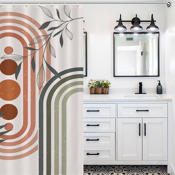 Mid Century Boho Sage Shower Curtain, Abstract Bohemian Mid Century Plant Leaf Rainbow Dots Washable Waterproof Fabric for Bathroom Decor Bathtub with 12 Hooks 55x72in（140x183cm）