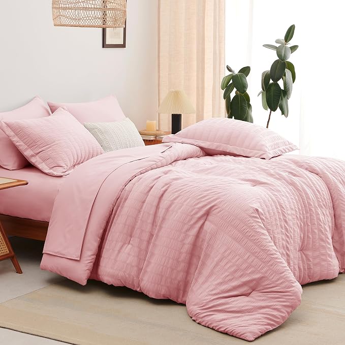 CozyLux Queen Comforter Set Pink, 7 Pieces Seersucker Textured Luxury Bed in a Bag Queen, All Seasons Soft Bedding Sets with Down Alternative Comforter, Sheets, Pillowcases & Shams, Home Gift