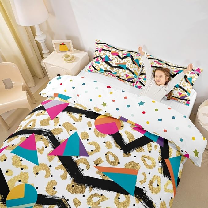Retro 80s 90s Bedding Set Twin,Abstract Geometric Duvet Cover Urban Modern Circles And Triangle Comforter Cover Colorful Pop Art Inspired Pattern Quilt Cover Mens Hipster Hip-Hop Room Decor