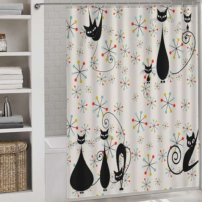 Mid Century Black Cat Shower Curtain,Atomic Cat Modern Abstract Geometric Iconic Pattern 1950s Vintage Funny Decor Fabric Bathroom Curtain with Hooks 66x72in（168x183cm）