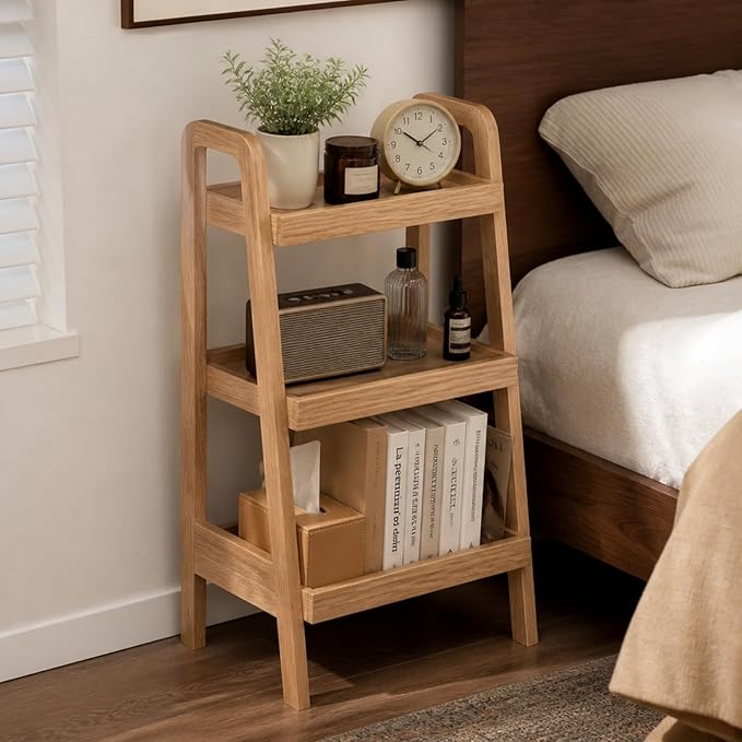 100% Solid Oak 3 Tier Ladder Shelf, Small Bookshelf, Ladder Bookshelf, Bookcase with Stable Frame, Small Table for Living Room Bedroom(Natural, 12.6" L x 17.72" W x 31.5" H)