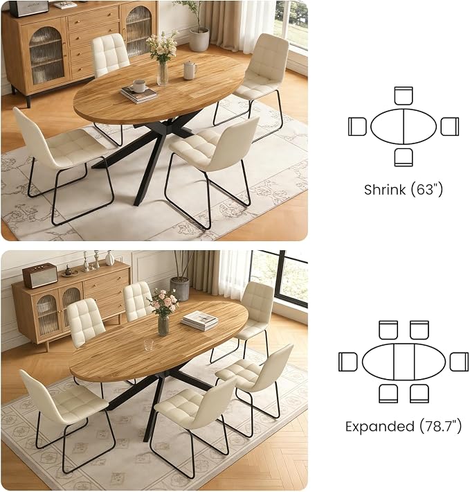 63"-78.7" Extendable Round Dining Table Set for 4, 5 Piece Mid Century Modern Oval Kitchen Table Set, Large Dining Table with 4 Dining Chairs for Living Room Space Saving（Walnut Table+4 Beige Chairs)